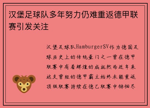 汉堡足球队多年努力仍难重返德甲联赛引发关注