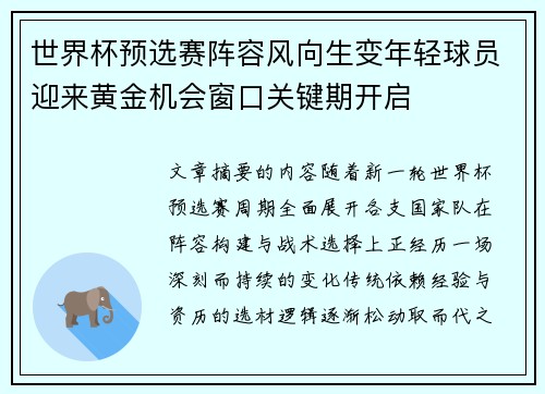 世界杯预选赛阵容风向生变年轻球员迎来黄金机会窗口关键期开启