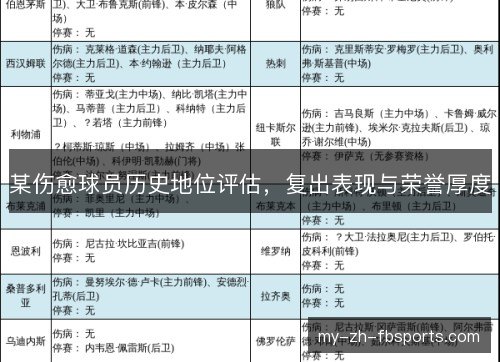某伤愈球员历史地位评估，复出表现与荣誉厚度